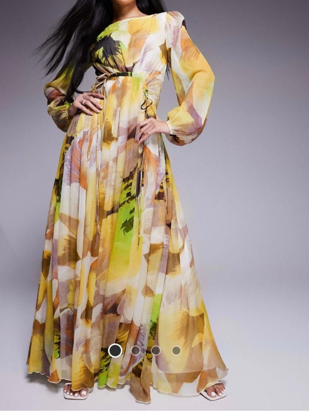 Flowy Yellow Abstract Maxi Dress with Long Sleeves